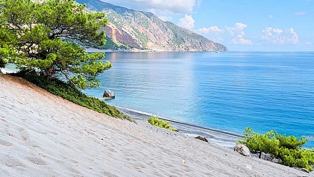A coastal landscape with a sandy beach, a pine tree, and a mountain in the background. - New Beautiful Villa With Private Pool at Coastal Area Just Outside Rethymno, NW (Apokoronas)