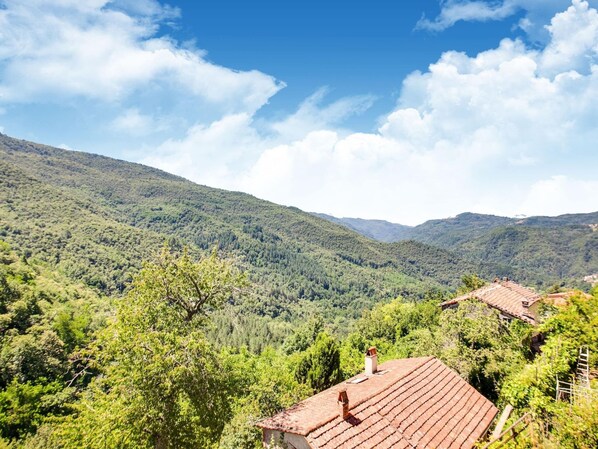A rural landscape with a house featuring a red-tiled roof, surrounded by lush greenery and hills.