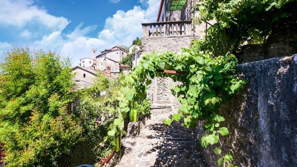 A stone staircase leading up to a building with a balcony, surrounded by greenery and a clear blue sky. - Farmhouse in Italy With Private Terrace (Bagni di Lucca)