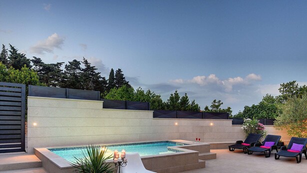 Un espace piscine comprenant un jacuzzi, des chaises longues et une plante en pot.