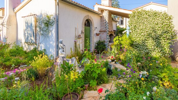 A traditional building with a stone facade, a green door, and a small garden with various plants and flowers. - Apartment in Medulin Near the Sea (Medulin)