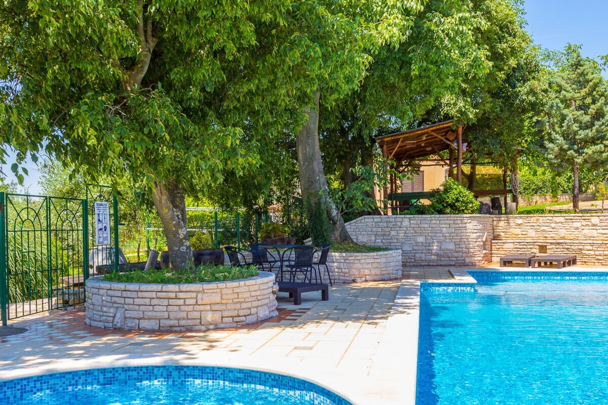 A swimming pool with a stone border, surrounded by outdoor seating and trees.