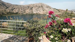 En vacker utsikt över en sjö med berg i bakgrunden, en stenbelagd uteplats och blommande blommor i förgrunden.