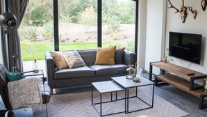 A modern living room with a grey sofa, a coffee table, and a TV on a wooden stand. - Modern Chalet Near De Veluwe National Park (Otterlo)