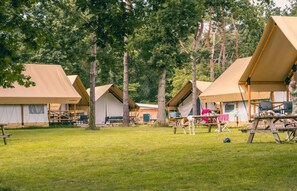A campsite with multiple tents, picnic tables, and a grassy area. - Modern Chalet With Dishwasher, Near National Park (IJhorst)