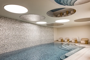 Indoor pool, open 9:00 AM to 8:00 PM, sun loungers