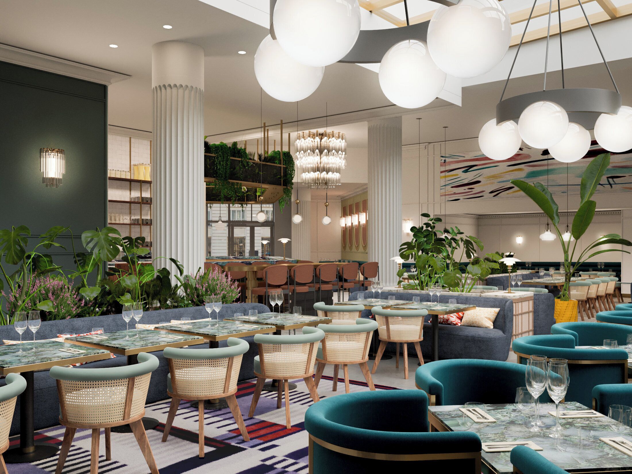 A modern restaurant interior with round tables, wicker chairs, and hanging spherical lights.