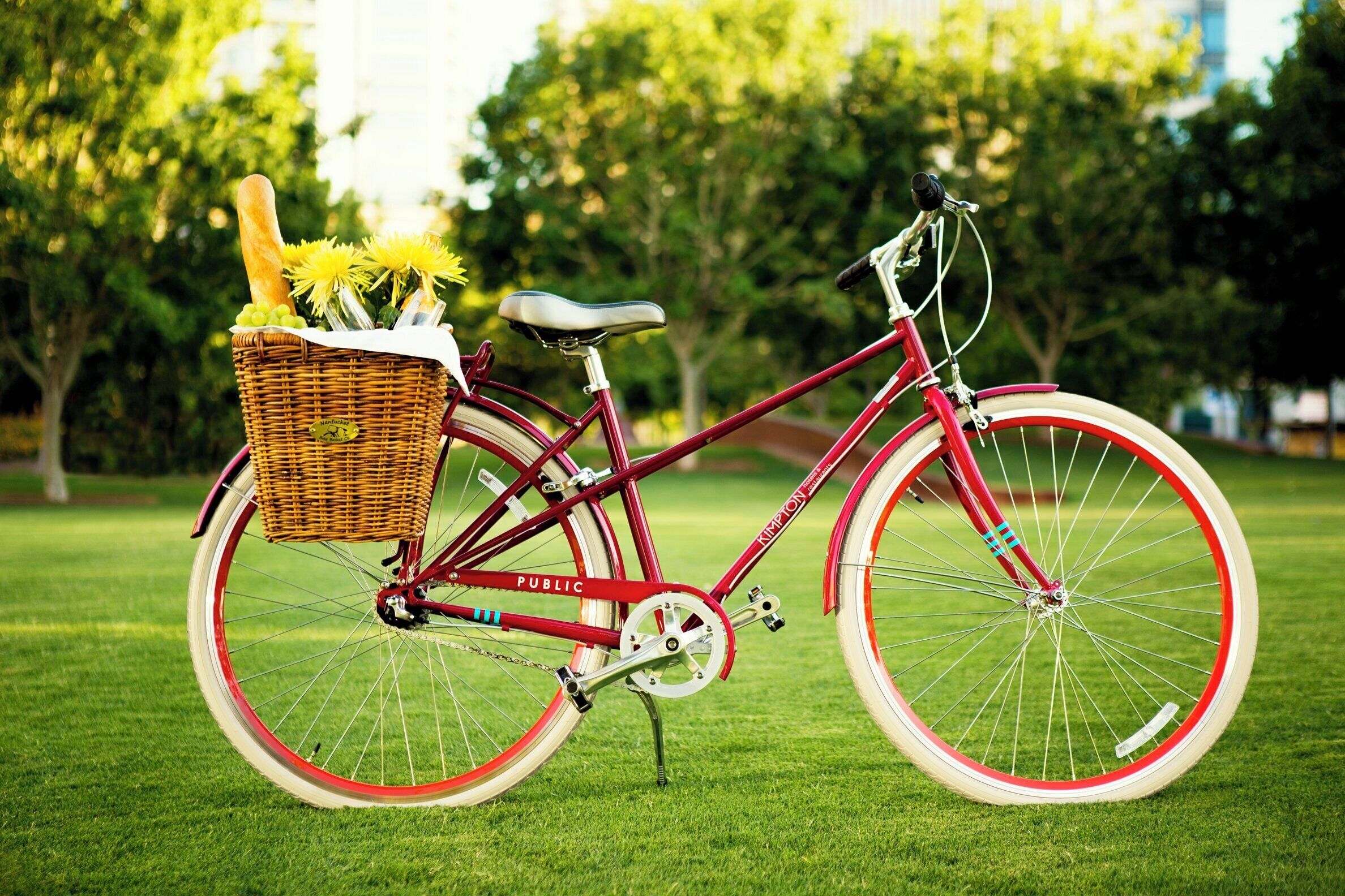 Una bicicleta roja con una cesta de mimbre que contiene pan y flores, estacionada sobre césped.