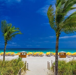 A beach with a pathway leading to yellow umbrellas and lounge chairs.