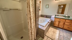 A bathroom with a shower, a bathtub, a vanity with a sink, and a mirror.