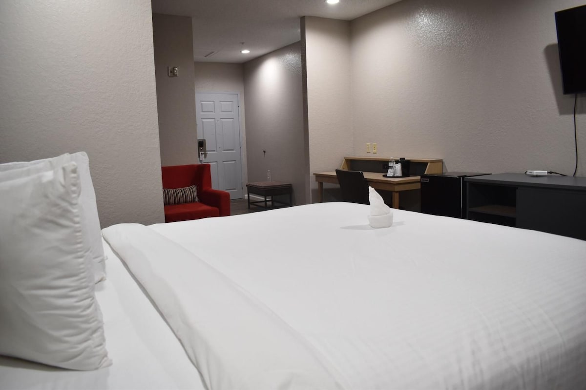 Une chambre d’hôtel avec un lit, un bureau, une chaise et un téléviseur.