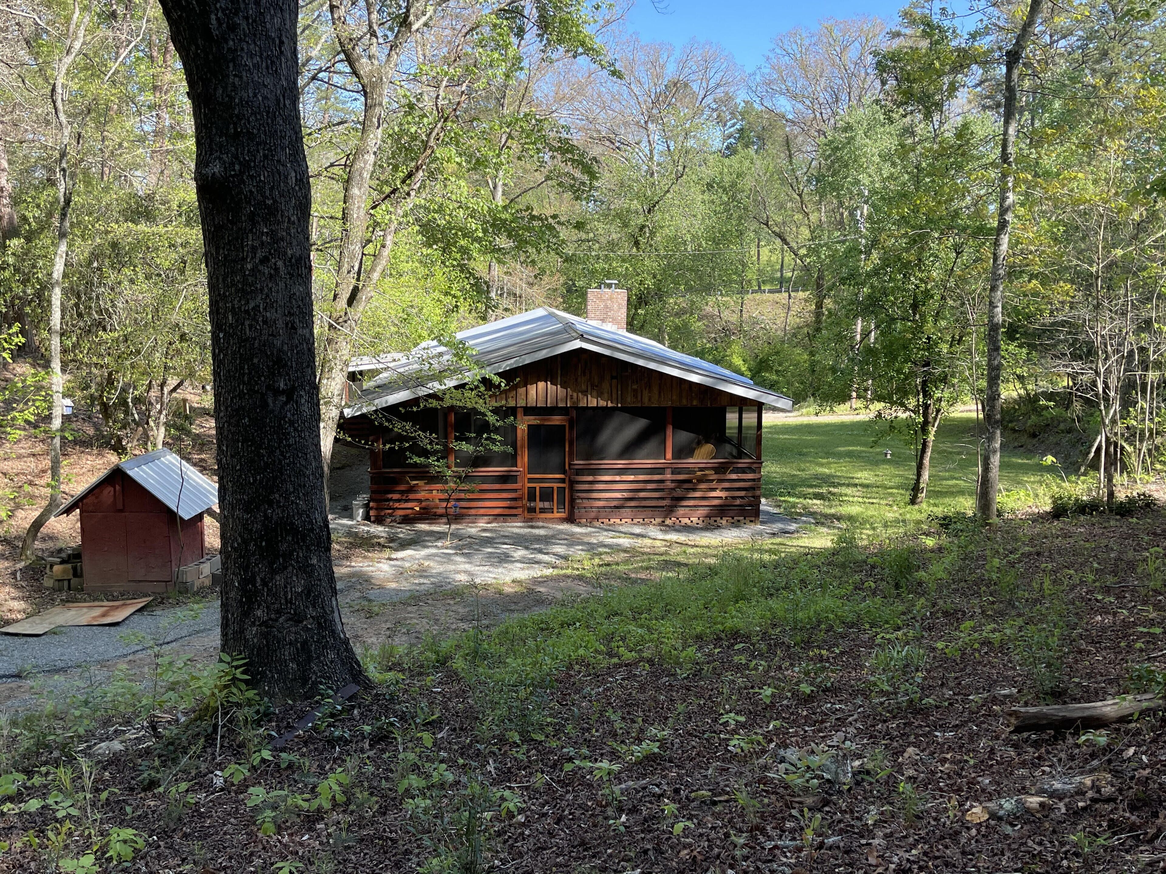 A rustic cabin with a metal roof and wooden walls, surrounded by trees and a grassy area.