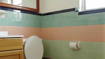 Un baño con inodoro, lavabo y espejo.