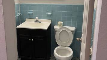 A bathroom with a white sink, dark cabinets, a toilet, and a mirror above the sink.