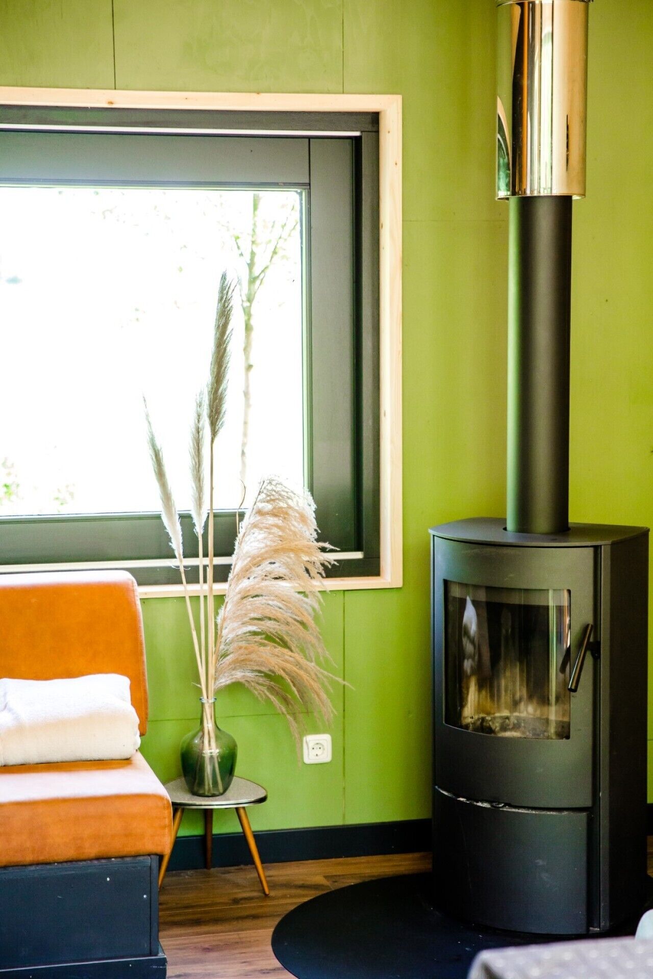 A room with a sofa, a small table with a vase, a window with a view, and a wood-burning stove.