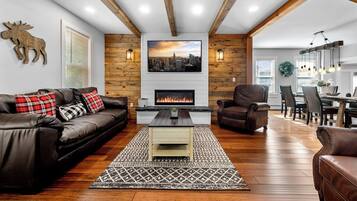 Smart TV, fireplace, video games, DVD player