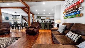 Smart TV, fireplace, video games, DVD player