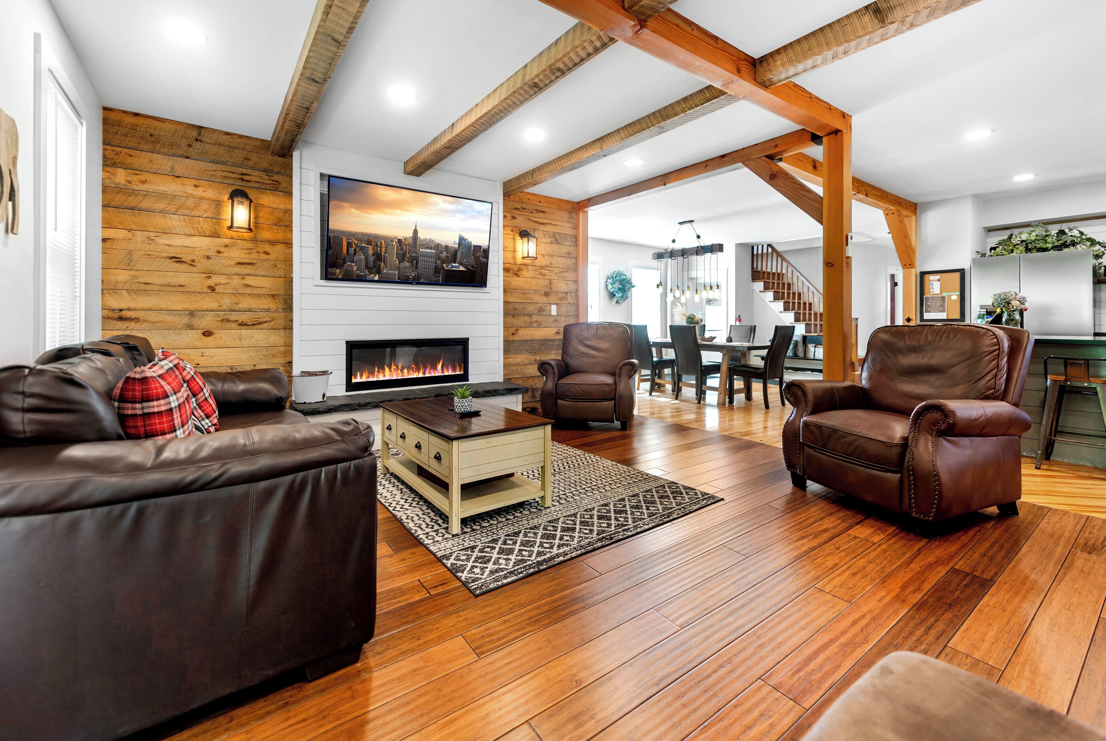 Smart TV, fireplace, video games, DVD player