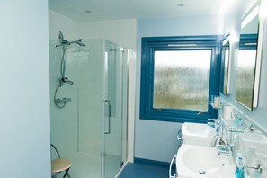 Combined shower/bathtub, hair dryer, towels, soap