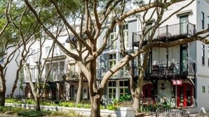 Une rangée de bâtiments blancs dotés de balcons, entourés d’arbres.