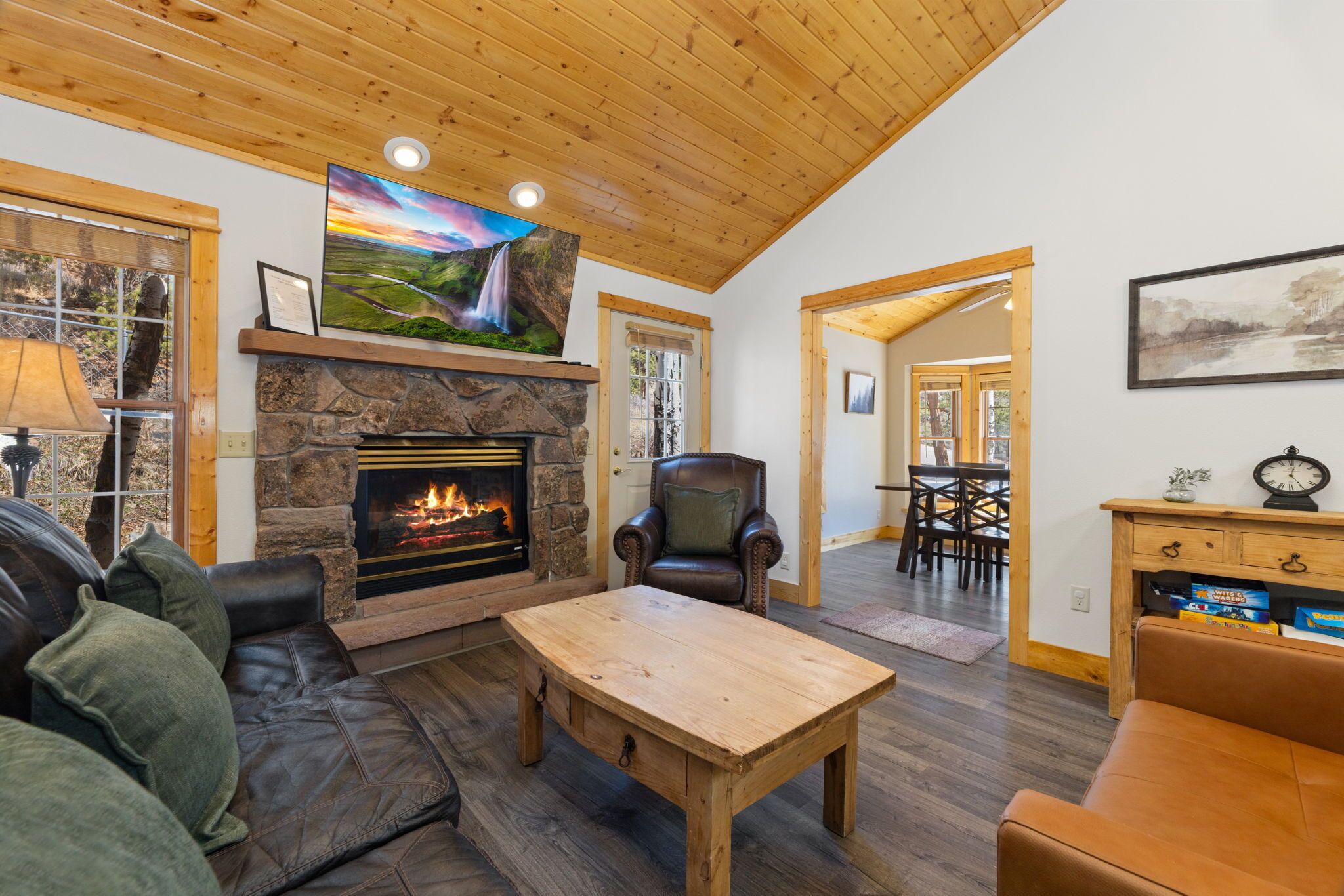 Smart TV, fireplace, DVD player, video library