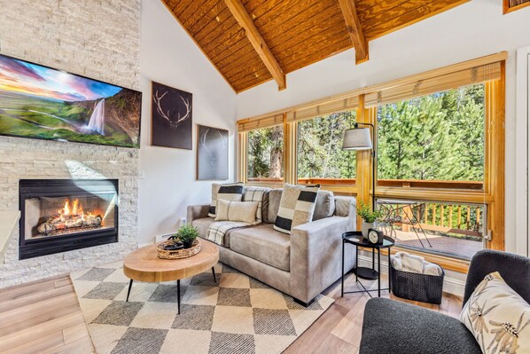 Smart-tv, eldstad, dvd-spelare och ett filmbibliotek