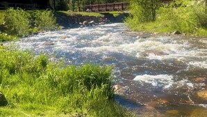 A river flowing through a forested area with a wooden bridge and a building in the background. - Fall River Retreat • Private Hot Tub • Close to RMNP (Estes Park)