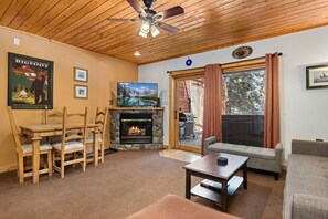 Smart TV, fireplace, DVD player, video library