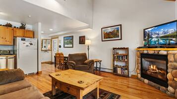 Een smart-tv, een open haard, een dvd-speler en een filmbibliotheek