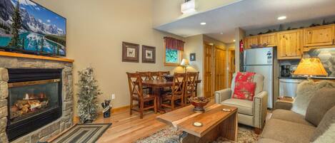 Smart TV, fireplace, DVD player, video library
