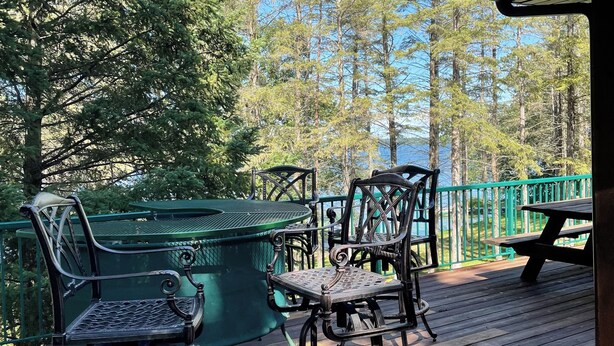 Een houten terras met metalen stoelen en een tafel, omringd door een groene hek en hoge bomen.