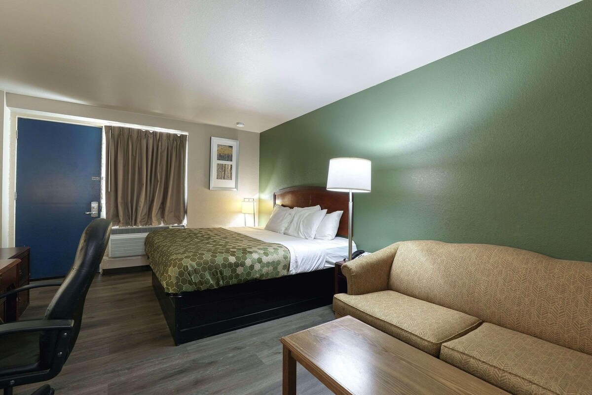 A hotel room with a bed, a sofa, a desk, and a chair.