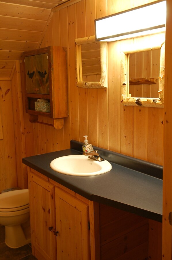 A wooden cabin bathroom with a white sink, a mirror, and a toilet.