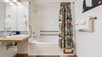 Hair dryer, towels, soap, shampoo