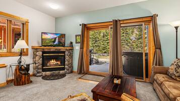 Smart TV, fireplace, DVD player, video library