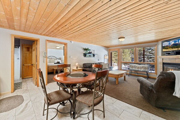 Smart TV, fireplace, DVD player, video library