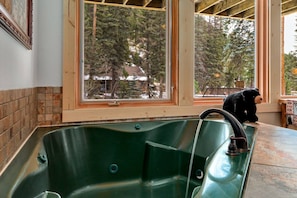 A green kitchen sink with a window above it, a wooden cabinet, and a teddy bear on the windowsill. - Riverfront Retreat • Near RMNP • River Views (Estes Park)
