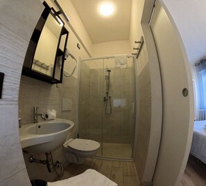 Shower, hair dryer, bidet, towels