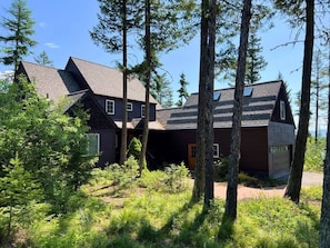 Eine Holzhütte mit geneigtem Dach, umgeben von hohen Bäumen und dichtem Unterholz.