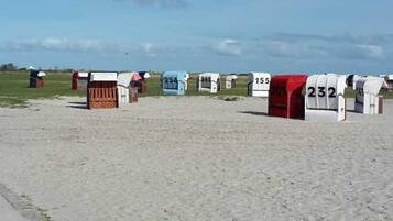 On the beach, sun-loungers