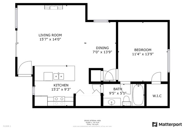 Plano de planta de una casa que muestra una sala de estar, comedor, cocina, baño y dormitorio, además de un vestidor. La sala de estar mide 4,75 x 4,27 metros. El comedor, 2,13 x 4,24 metros. La cocina, 4,62 x 2,82 metros. El baño, 2,87 x 1,52 metros. El dormitorio, 3,45 x 4,24 metros. La superficie total construida es de 65 metros cuadrados.