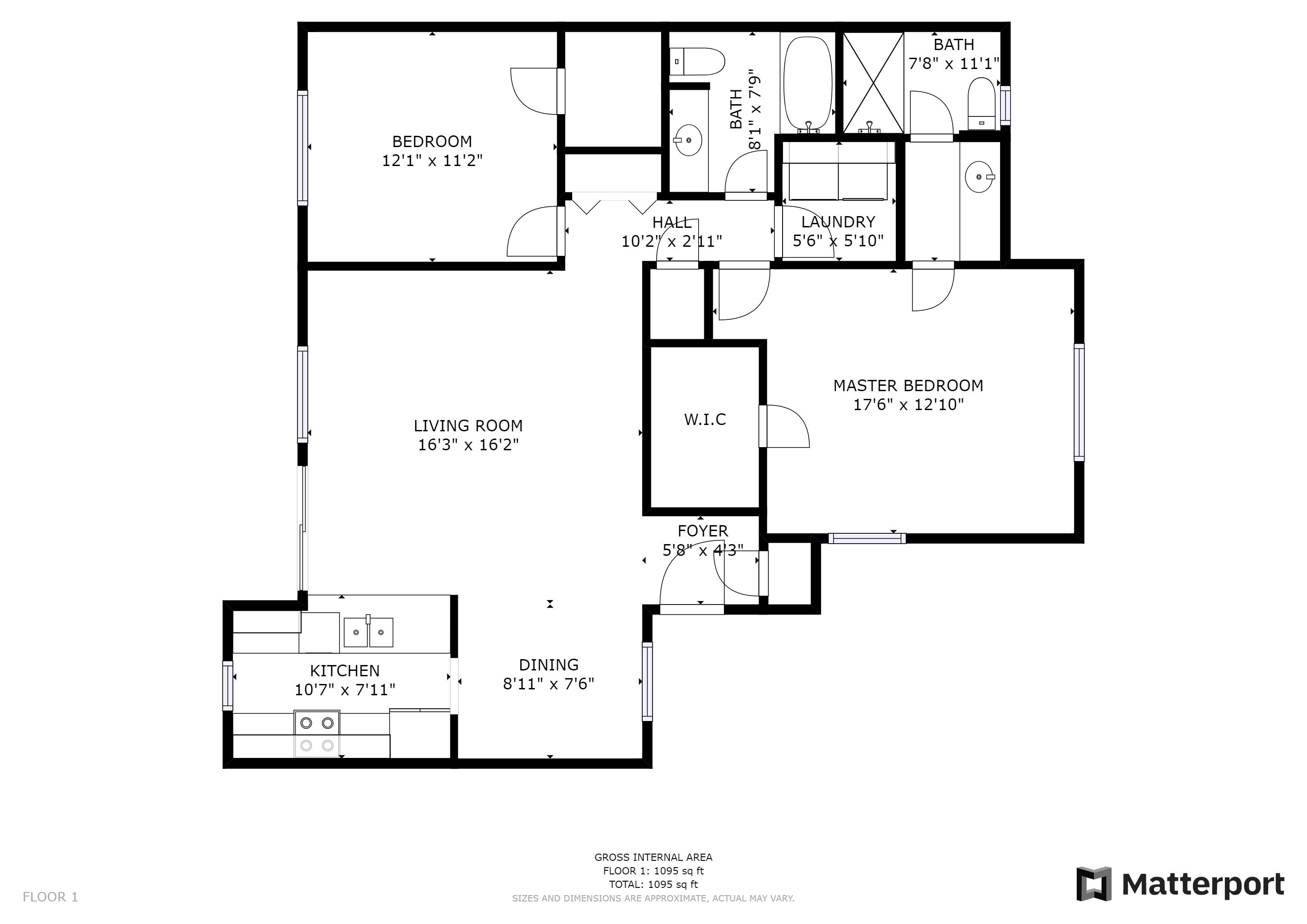 A floor plan of a house with a living room, kitchen, dining area, master bedroom, two bathrooms, a foyer, and a hallway.