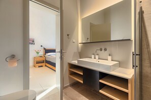 Shower, hair dryer, towels, toilet paper
