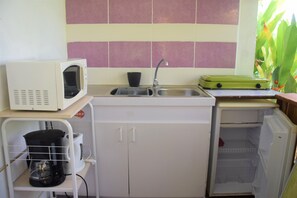 Fridge, microwave, coffee/tea maker, electric kettle
