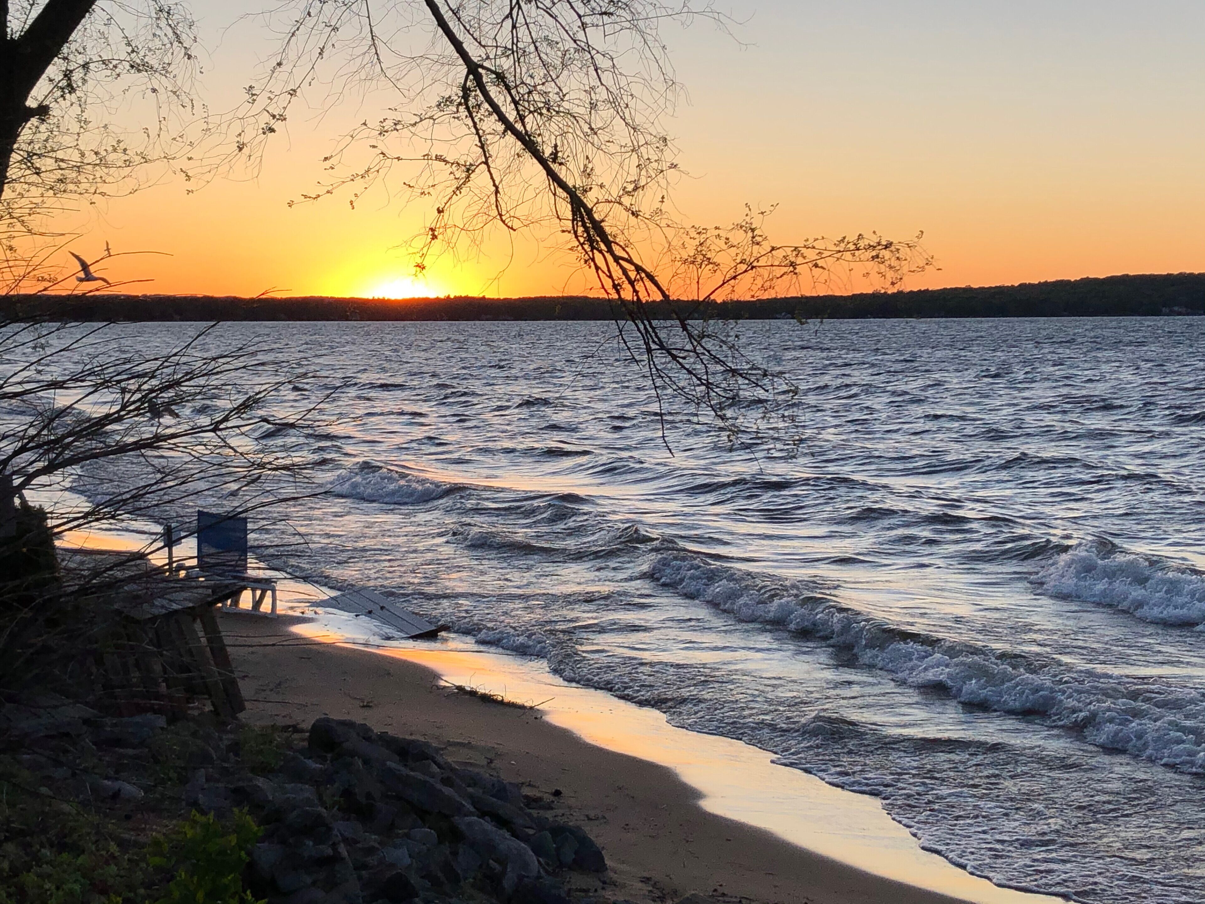 Ein Strand mit einer Holzbank und einer felsigen Küstenlinie.