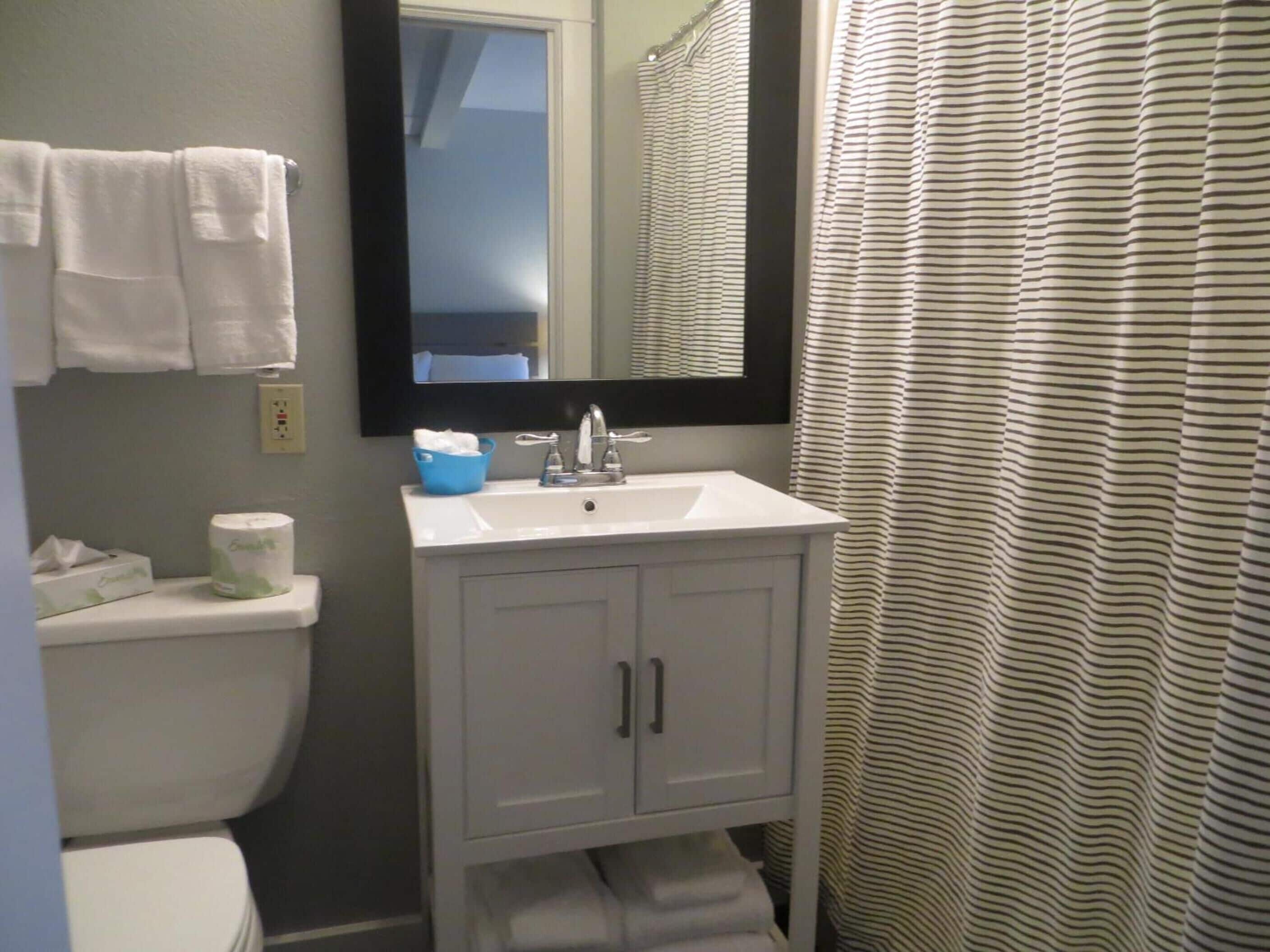 Une salle de bain avec un lavabo blanc, un miroir au-dessus, un porte-savon bleu, des toilettes et un rideau de douche à rayures.