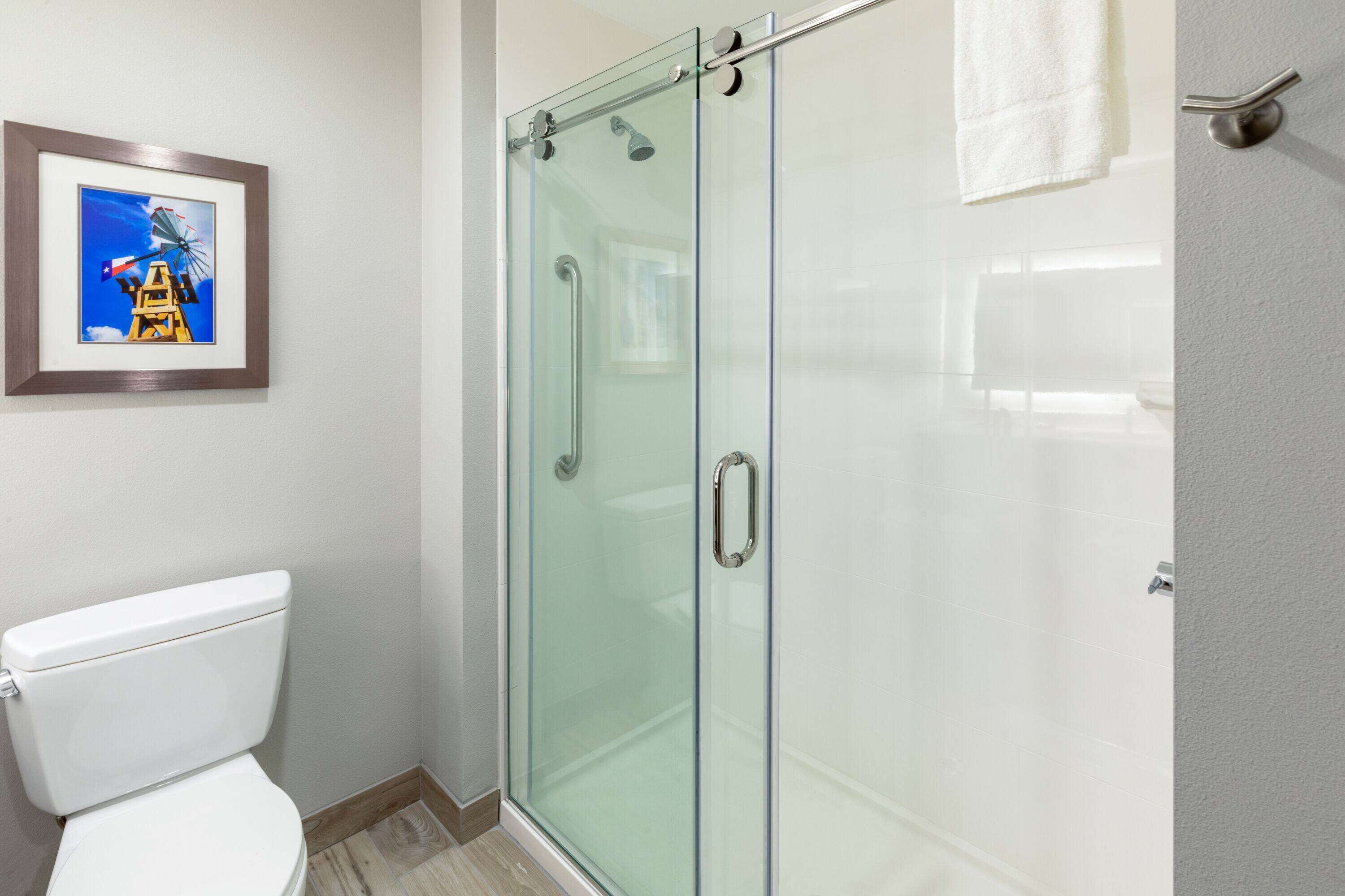 A bathroom with a glass shower enclosure, a framed picture on the wall, and a white toilet.