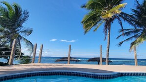 Un espace piscine offrant une vue dégagée sur l’océan, entouré de palmiers et délimité par une clôture en bois.