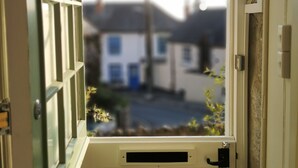 A door with a window, revealing a street view with houses and a streetlight.