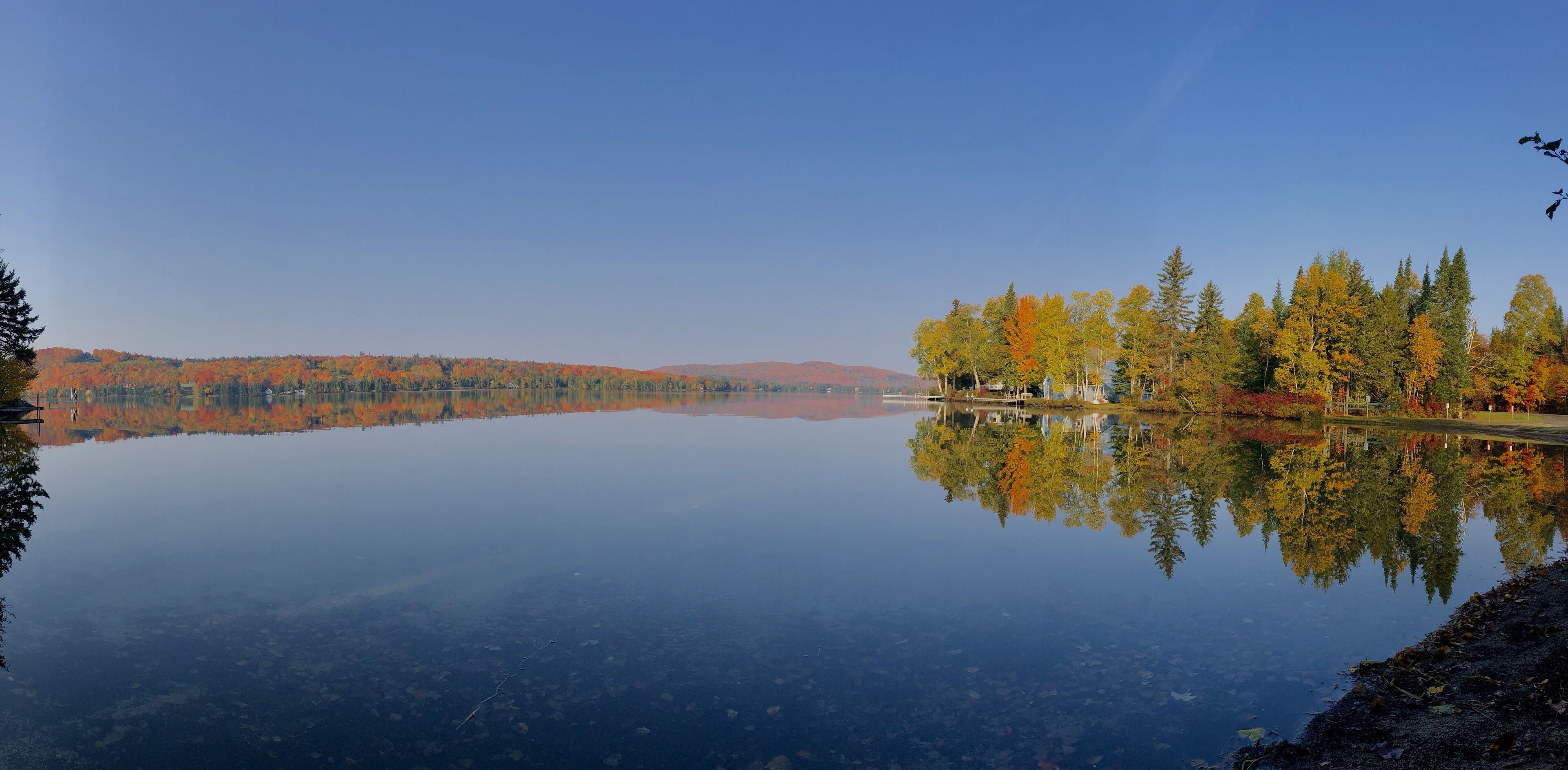 Un llac tranquil amb reflexos clars d'arbres i una muntanya llunyana.